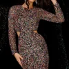 Aleta Long-Sleeve Multi-Sequin Short Party Dress