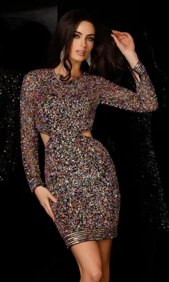 Aleta Long-Sleeve Multi-Sequin Short Party Dress