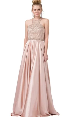 A-Line High-Neck Formal Dress with Beaded Bodice