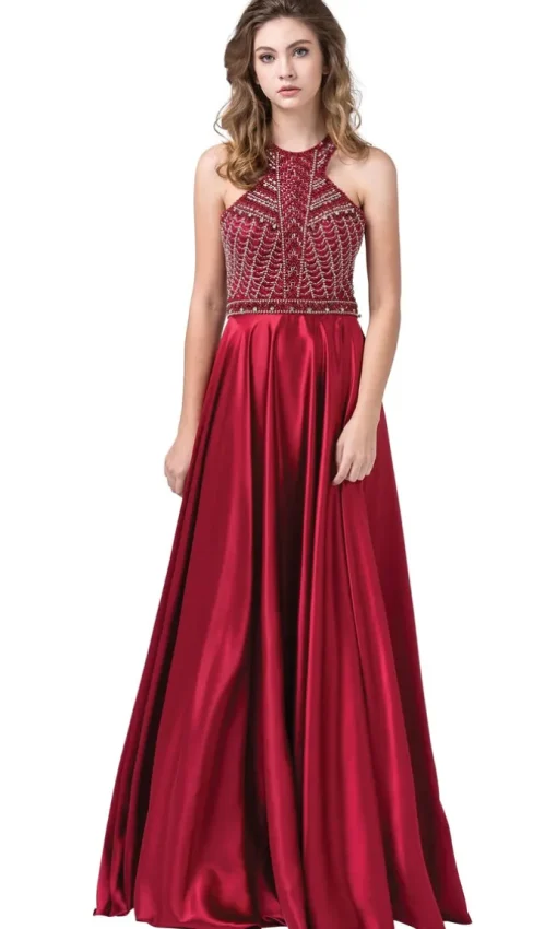 A-Line High-Neck Formal Dress with Beaded Bodice