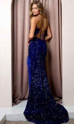 Backless Long Sequin Prom Dress with Feathers