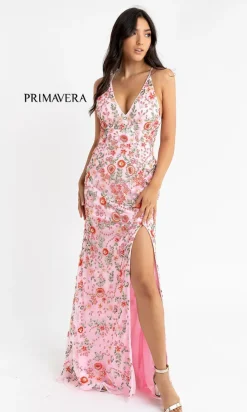 Beaded Floral Print Primavera Long Prom Dress