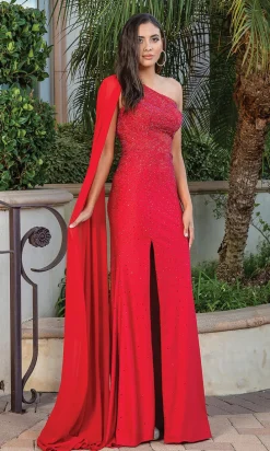 Beaded One-Shoulder Long Prom Dress with Cape