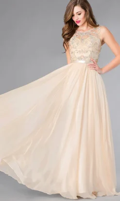 Beaded Sheer Panel Floor Length Chiffon Gown