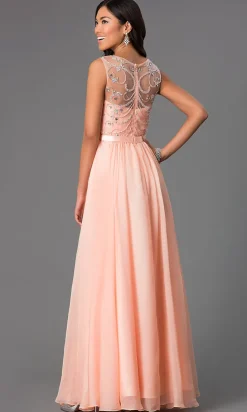 Beaded Sheer Panel Floor Length Chiffon Gown