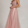 Beaded-Bodice Rose Gold Long Prom Ball Gown