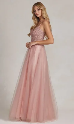 Beaded-Bodice Rose Gold Long Prom Ball Gown