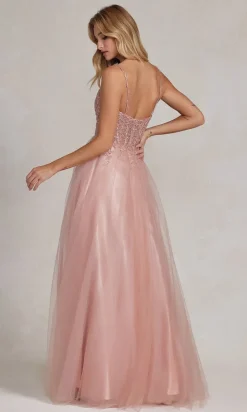 Beaded-Bodice Rose Gold Long Prom Ball Gown