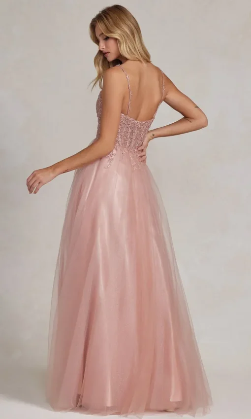 Beaded-Bodice Rose Gold Long Prom Ball Gown