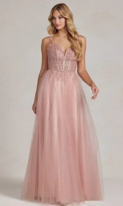 Beaded-Bodice Rose Gold Long Prom Ball Gown