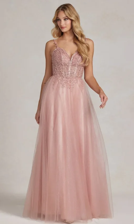 Beaded-Bodice Rose Gold Long Prom Ball Gown