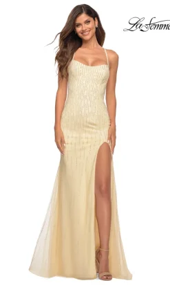 Beaded-Tulle Long La Femme Formal Prom Dress