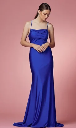 Cowl-Neck Long Prom Dress with Strappy Open Back