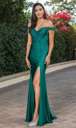 3D Floral-Embellished Off-the-Shoulder Prom Dress