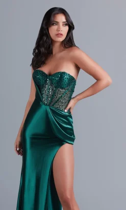 Dark Green Sheer-Bodice Long Satin Gown PK3005