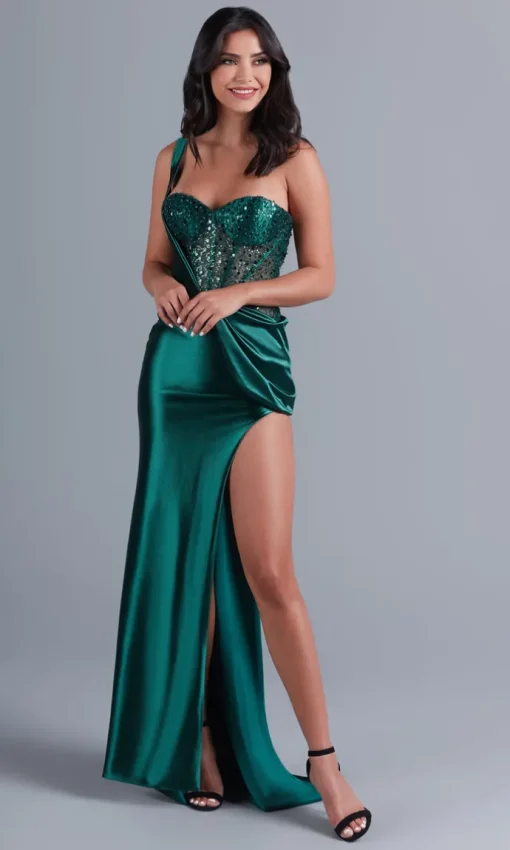 Dark Green Sheer-Bodice Long Satin Gown PK3005