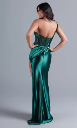 Dark Green Sheer-Bodice Long Satin Gown PK3005