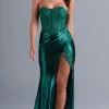 Dark Green Strapless Long Prom Dress with Lace
