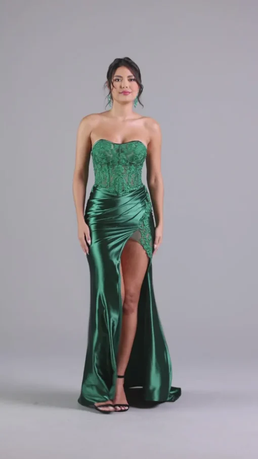 Dark Green Strapless Long Prom Dress with Lace