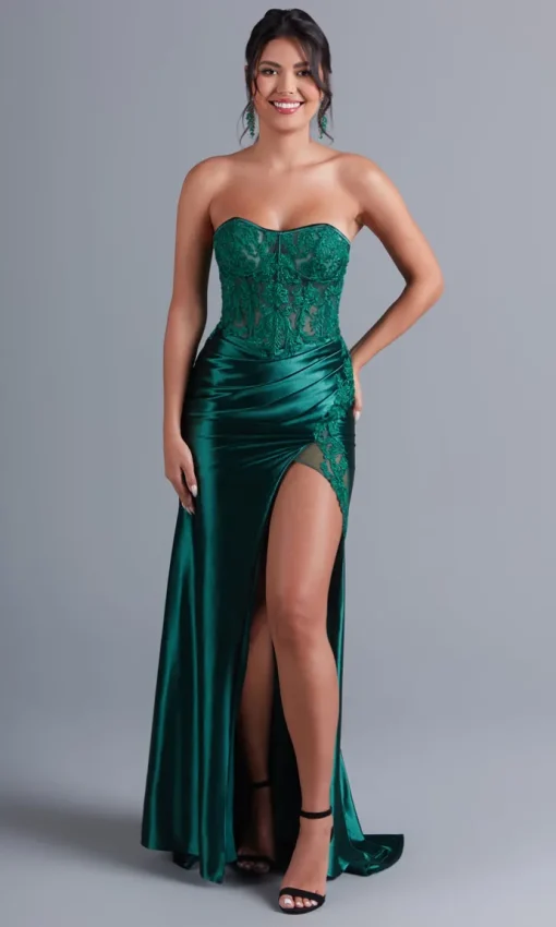Dark Green Strapless Long Prom Dress with Lace