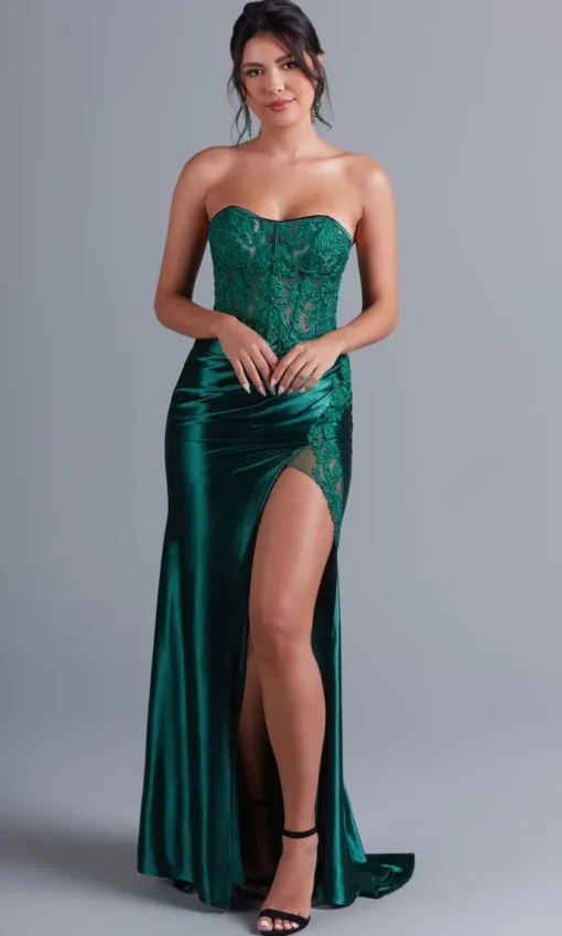 Dark Green Strapless Long Prom Dress with Lace