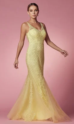 Deep V-Back Long Prom Dress with Beaded Embroidery