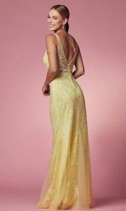 Deep V-Back Long Prom Dress with Beaded Embroidery