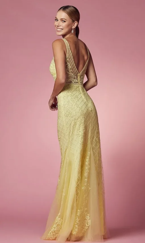 Deep V-Back Long Prom Dress with Beaded Embroidery