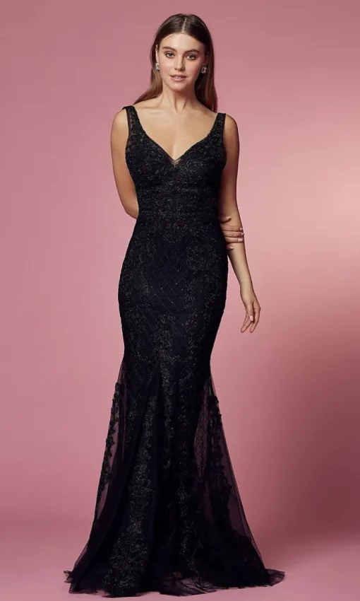 Deep V-Back Long Prom Dress with Beaded Embroidery