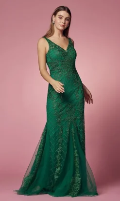 Deep V-Back Long Prom Dress with Beaded Embroidery