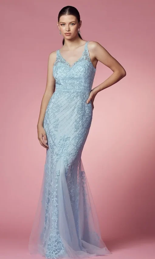 Deep V-Back Long Prom Dress with Beaded Embroidery