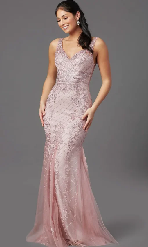 Deep V-Back Long Prom Dress with Beaded Embroidery