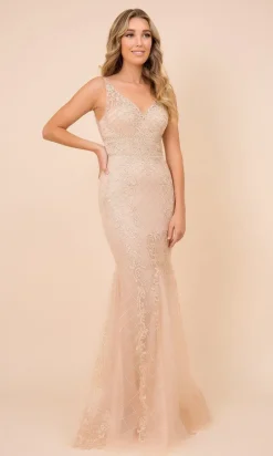 Deep V-Back Long Prom Dress with Beaded Embroidery