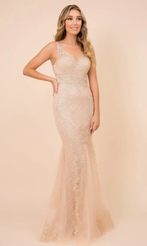 Deep V-Back Long Prom Dress with Beaded Embroidery