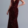 Deep V-Neck Dark Red Long Velvet-Sequin Prom Dress