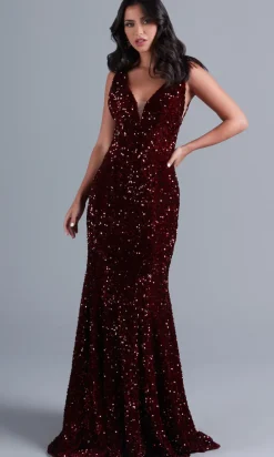 Deep V-Neck Dark Red Long Velvet-Sequin Prom Dress