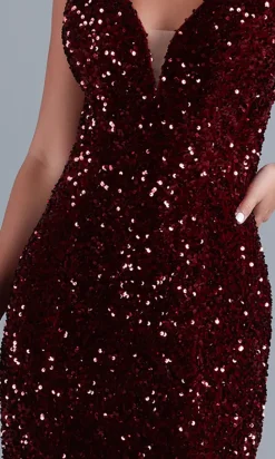 Deep V-Neck Dark Red Long Velvet-Sequin Prom Dress