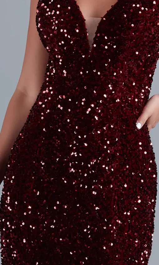Deep V-Neck Dark Red Long Velvet-Sequin Prom Dress