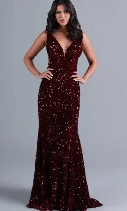 Deep V-Neck Dark Red Long Velvet-Sequin Prom Dress