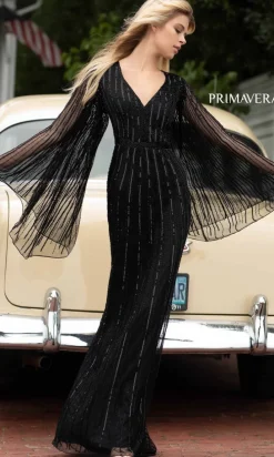 Dramatic Long-Sleeve Beaded Long Evening Gown 3672