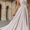 Embellished-Bodice Long Glitter-Knit Prom Dress