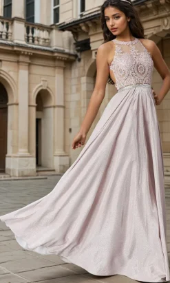 Embellished-Bodice Long Glitter-Knit Prom Dress