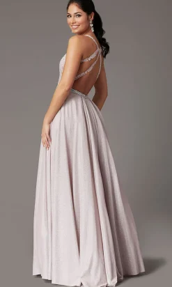 Embellished-Bodice Long Glitter-Knit Prom Dress