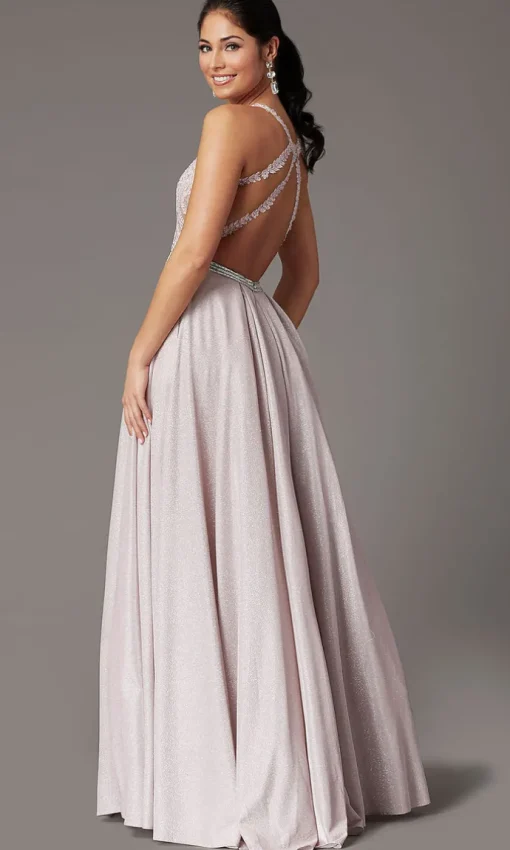 Embellished-Bodice Long Glitter-Knit Prom Dress