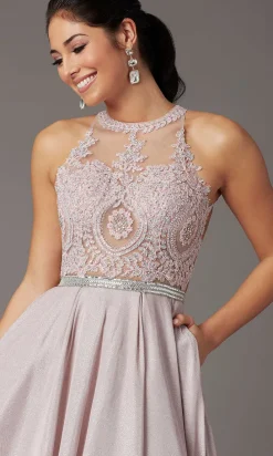 Embellished-Bodice Long Glitter-Knit Prom Dress