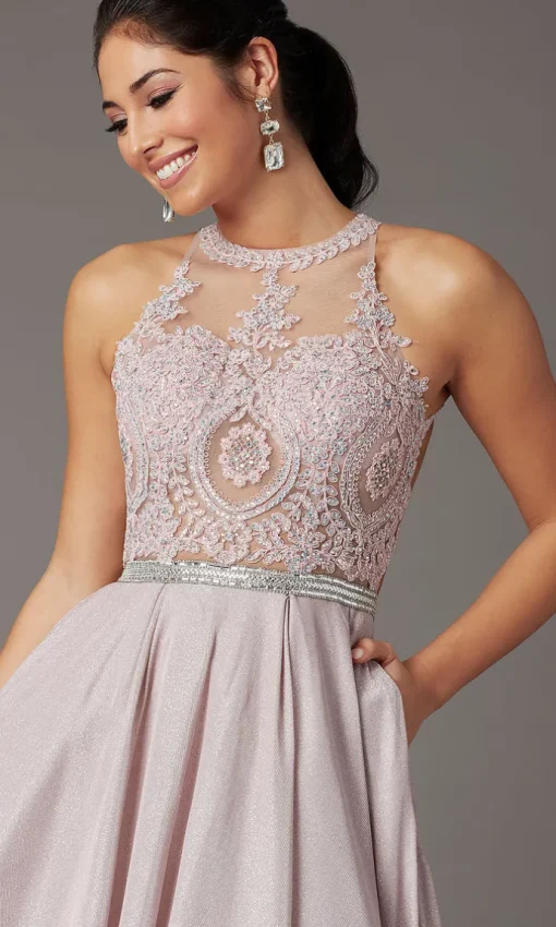 Embellished-Bodice Long Glitter-Knit Prom Dress