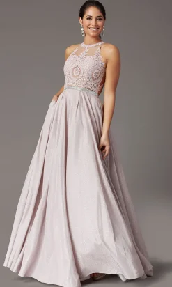 Embellished-Bodice Long Glitter-Knit Prom Dress