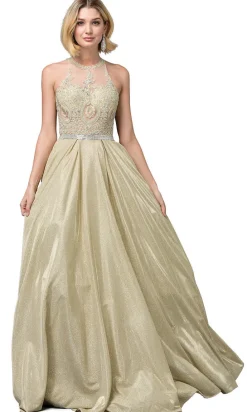 Embellished-Bodice Long Glitter-Knit Prom Dress