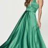 Faviana Long Satin A-Line Prom Dress with Pockets
