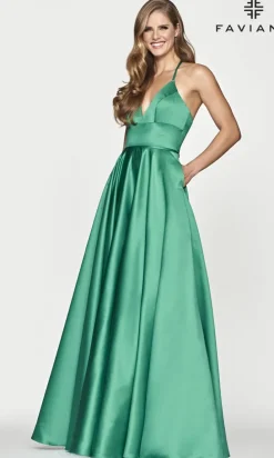 Faviana Long Satin A-Line Prom Dress with Pockets